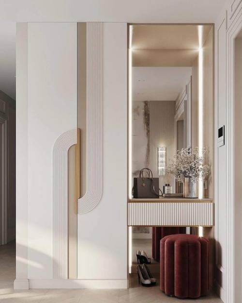 Интерьер в современном стиле прихожей и кухни - гостиной в светлых тонах. 05