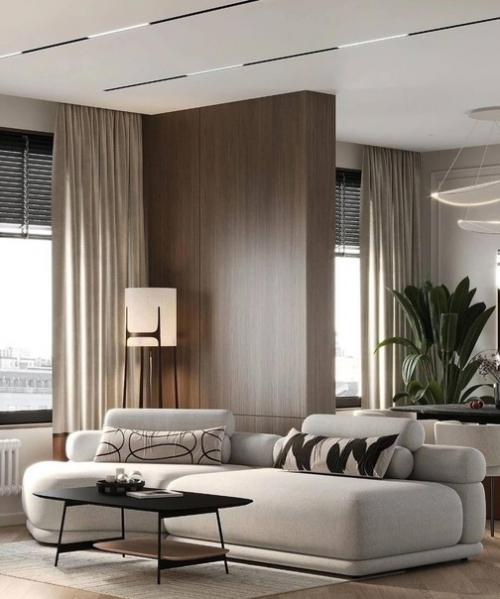 Красивые цвета и текстуры, сочетающиеся друг с другом, в современном интерьере просторной квартиры. 03