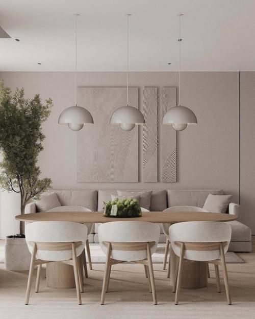 Интерьер небольшой уютной кухни - гостиной в светло-бежевых оттенках. 06