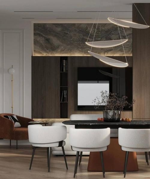 Красивые цвета и текстуры, сочетающиеся друг с другом, в современном интерьере просторной квартиры. 07