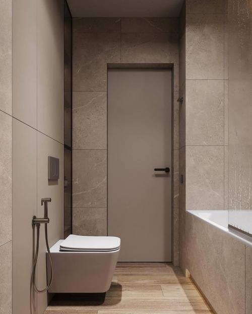 Санузел в современном стиле, выполненный в теплых бежевых тонах. 05