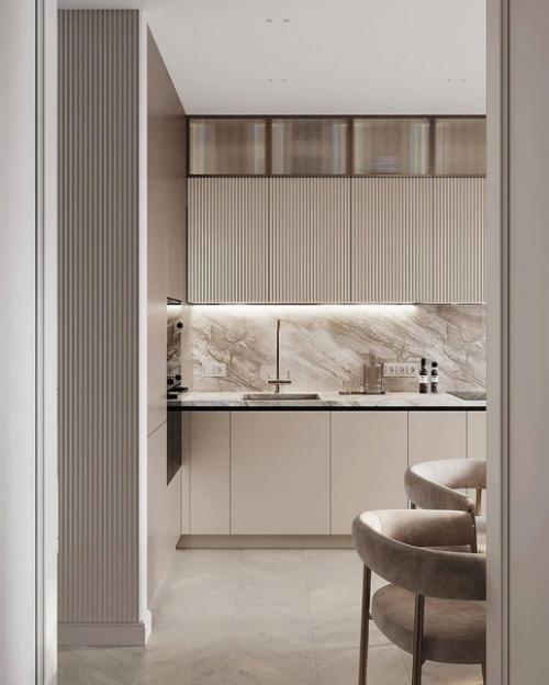 Интерьер в современном стиле прихожей и кухни - гостиной в светлых тонах. 03