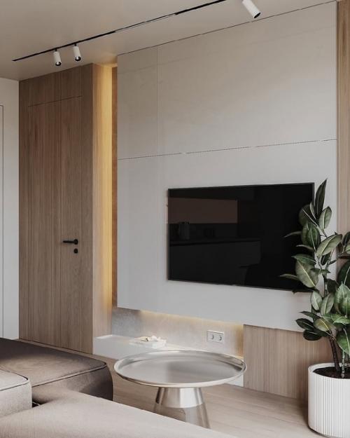 Интерьер кухни - гостиной площадью 29 квадратных метров в тёплых тонах. 07