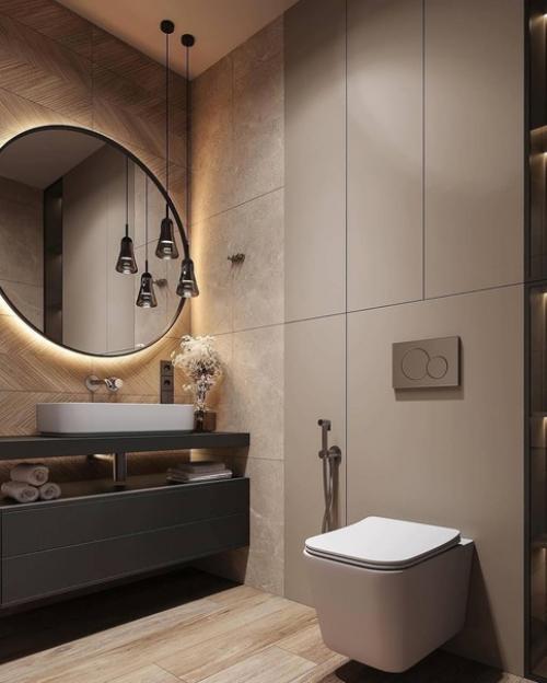 Санузел в современном стиле, выполненный в теплых бежевых тонах. 01