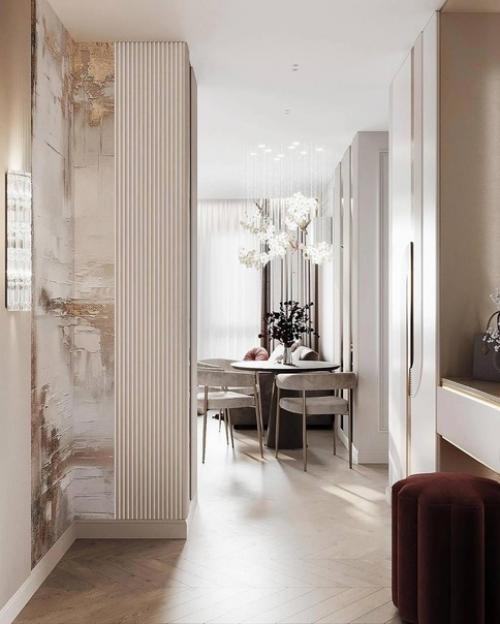 Интерьер в современном стиле прихожей и кухни - гостиной в светлых тонах. 06