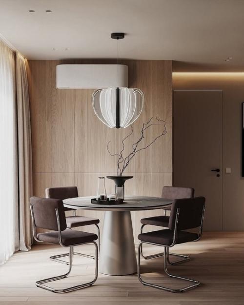 Интерьер кухни - гостиной площадью 29 квадратных метров в тёплых тонах. 01