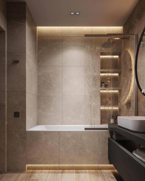 Санузел в современном стиле, выполненный в теплых бежевых тонах. 03