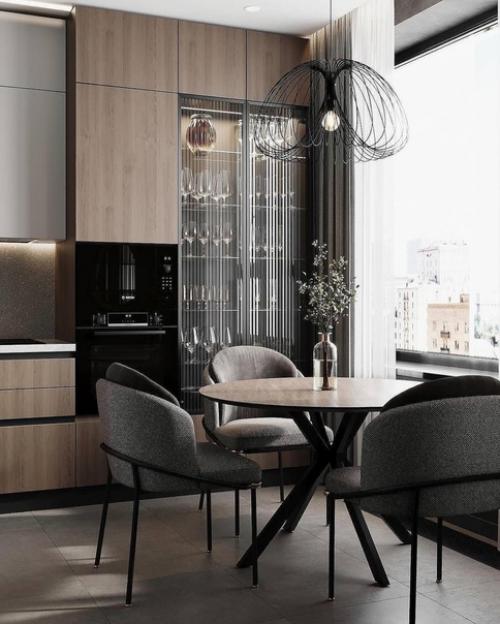 Стильный интерьер кухни - гостиной в природной цветовой гамме в современном стиле. 05