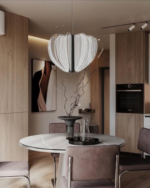 Интерьер кухни - гостиной площадью 29 квадратных метров в тёплых тонах. 03