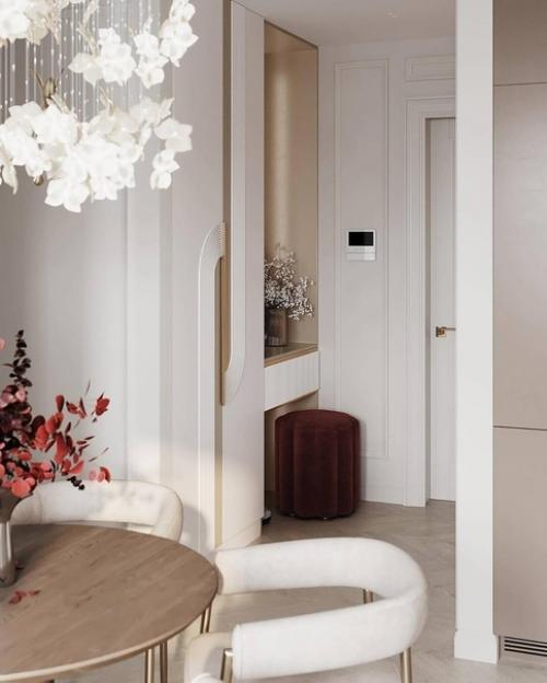 Интерьер в современном стиле прихожей и кухни - гостиной в светлых тонах. 02