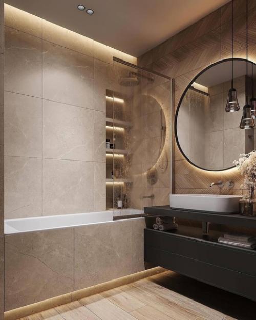 Санузел в современном стиле, выполненный в теплых бежевых тонах. 02