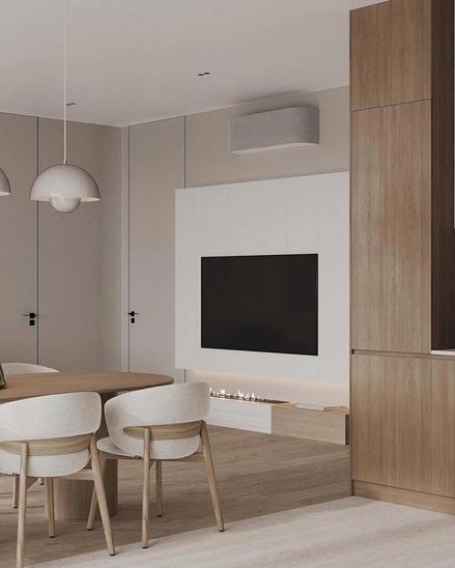 Интерьер небольшой уютной кухни - гостиной в светло-бежевых оттенках. 04