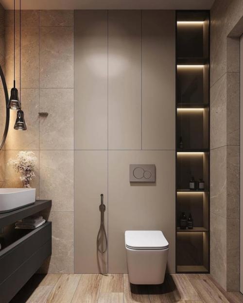 Санузел в современном стиле, выполненный в теплых бежевых тонах. 04