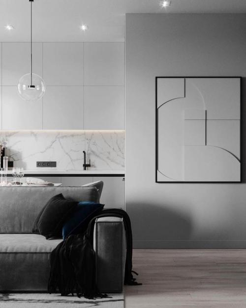 Монохромный стиль может стать прекрасным выбором для дизайна кухни - гостиной. 08