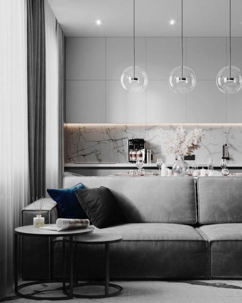 Монохромный стиль может стать прекрасным выбором для дизайна кухни - гостиной. 06