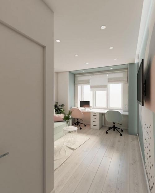 Пример того, как можно оборудовать небольшую детскую комнату из кроватей в 2 этажа. 05