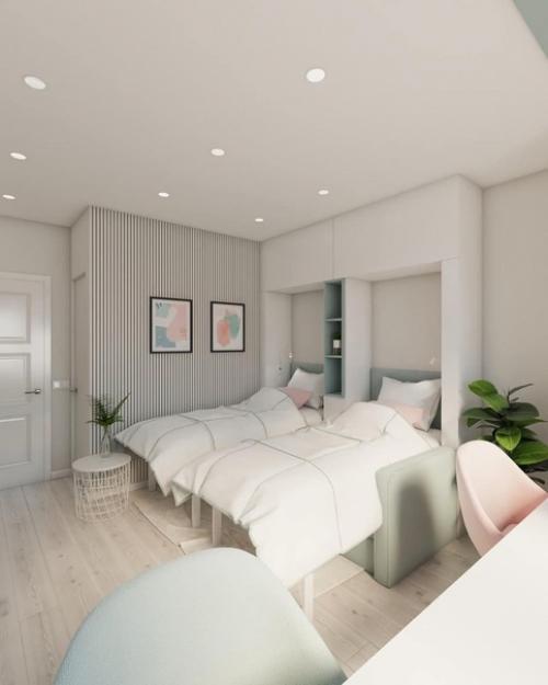 Пример того, как можно оборудовать небольшую детскую комнату из кроватей в 2 этажа. 02