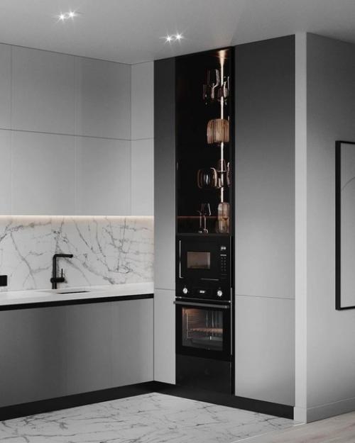 Монохромный стиль может стать прекрасным выбором для дизайна кухни - гостиной. 01