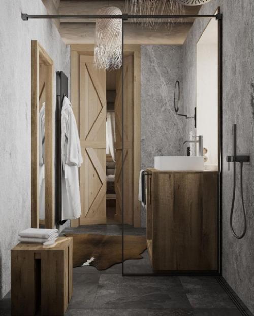 Камень и дерево - одно из самых популярных решений для санузла и ванной комнаты. 03