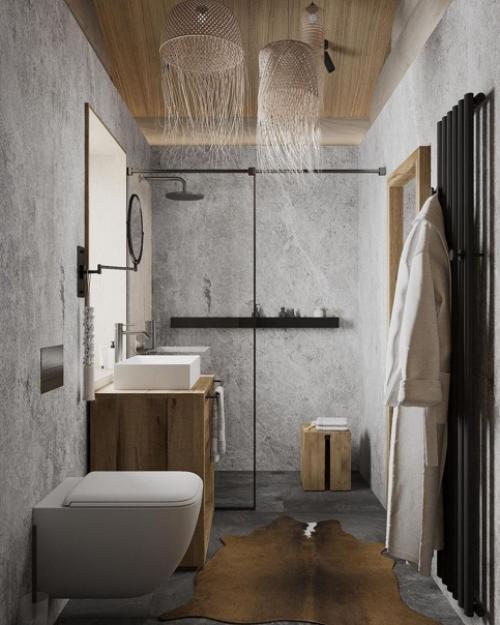 Камень и дерево - одно из самых популярных решений для санузла и ванной комнаты. 01