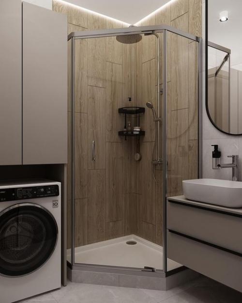 Интерьер небольшой ванной комнаты и сназула в единой светлой цветовой гамме. 05