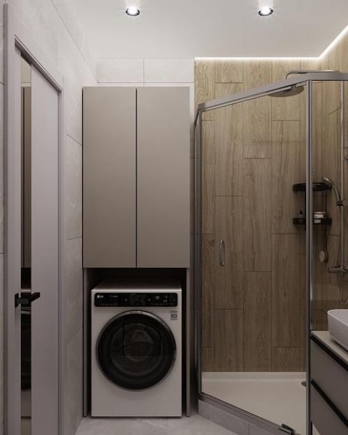 Интерьер небольшой ванной комнаты и сназула в единой светлой цветовой гамме. 01