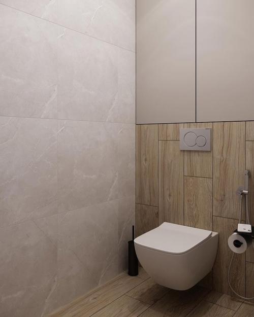 Интерьер небольшой ванной комнаты и сназула в единой светлой цветовой гамме. 07