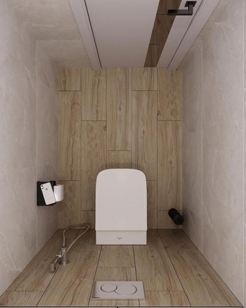 Интерьер небольшой ванной комнаты и сназула в единой светлой цветовой гамме. 08