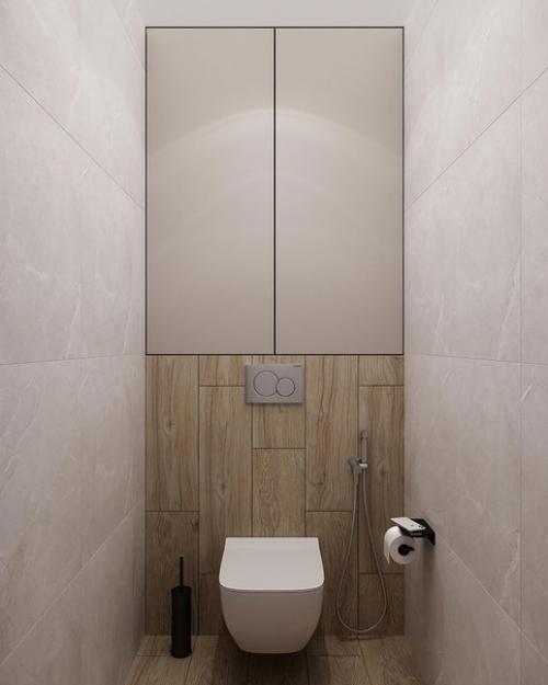 Интерьер небольшой ванной комнаты и сназула в единой светлой цветовой гамме. 06