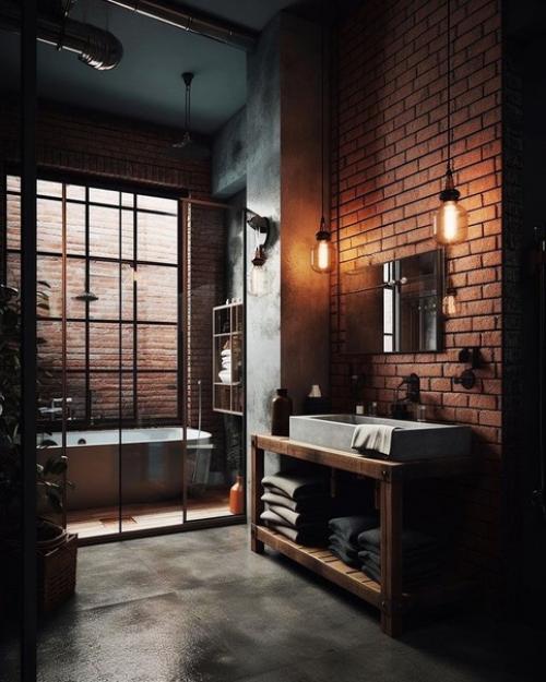 Подборка крутейших интерьеров ванных комнат в стиле индастриал с панорамными окнами и высоченными потолками. 08