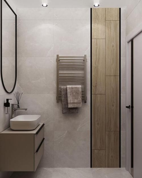 Интерьер небольшой ванной комнаты и сназула в единой светлой цветовой гамме. 03