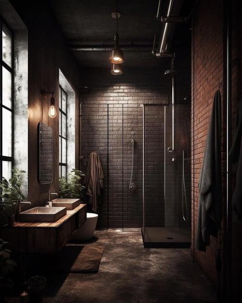 Подборка крутейших интерьеров ванных комнат в стиле индастриал с панорамными окнами и высоченными потолками. 07