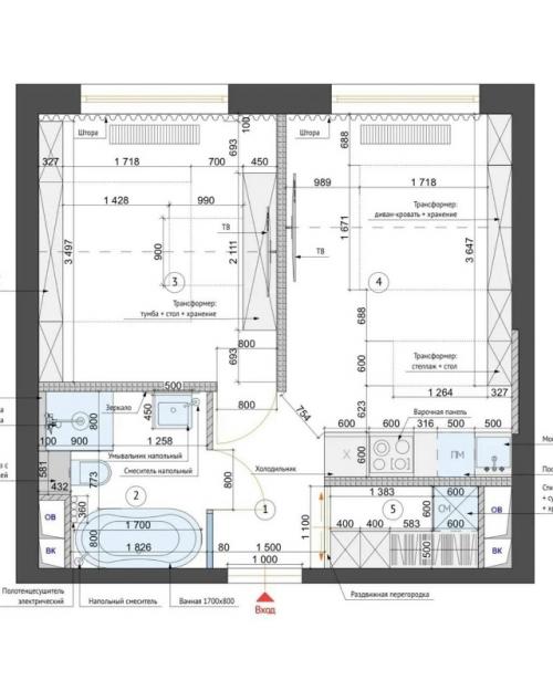 Монохромный минималистичный проект 1-комнатной квартиры. 09