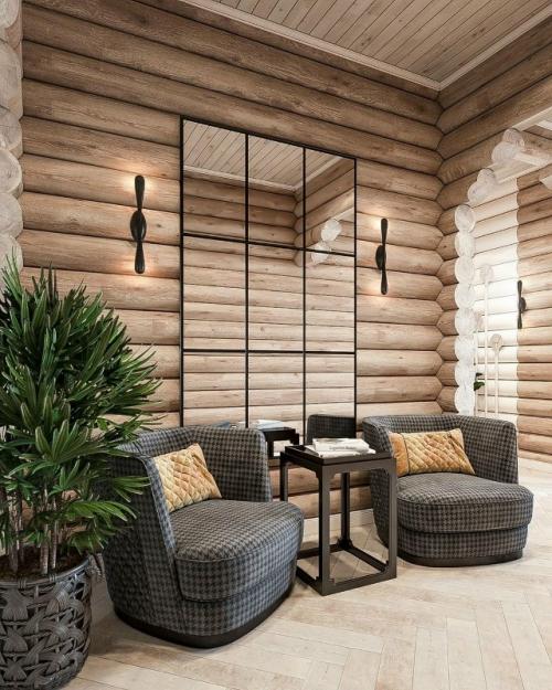 Удивительно гармоничное пространство, где современный интерьер мягко переплетается с природной фактурой бревенчатых стен. 02