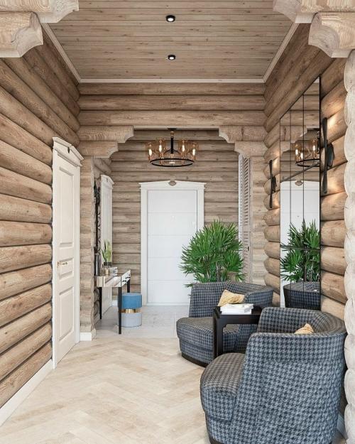 Удивительно гармоничное пространство, где современный интерьер мягко переплетается с природной фактурой бревенчатых стен. 01
