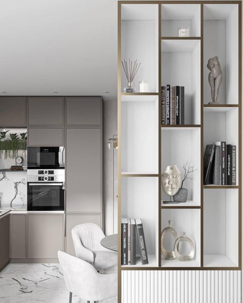 Светлый и стильный интерьер кухни - гостиной с приятным сочетанием оттенков. 04