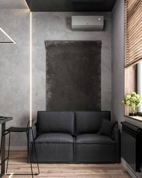 Стильный и строгий интерьер в тёмном исполнениии двухуровневых апартаментов 25 м. 05