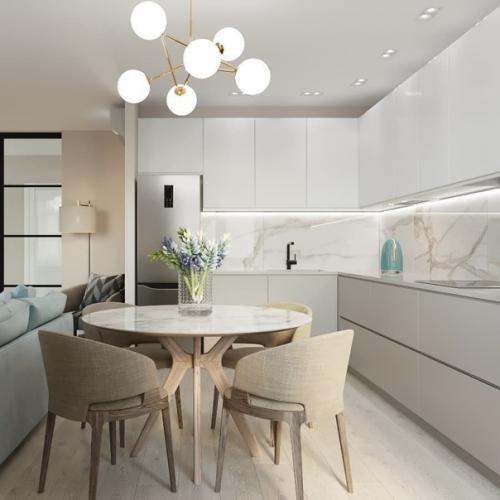 Замечательный дизайн - проект кухни - гостиной с крутым зонированием. 07