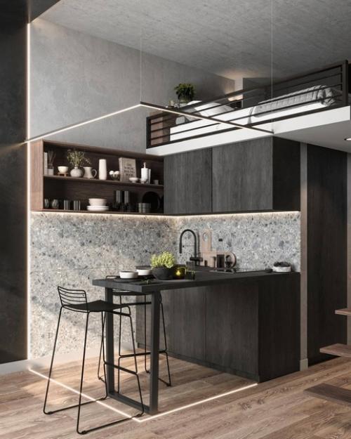 Стильный и строгий интерьер в тёмном исполнениии двухуровневых апартаментов 25 м. 03