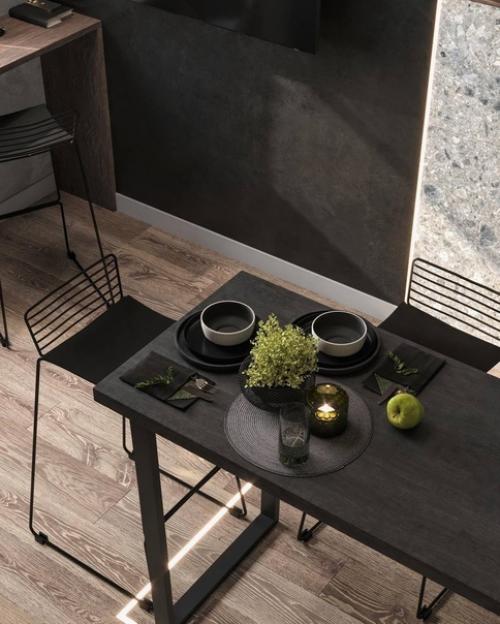 Стильный и строгий интерьер в тёмном исполнениии двухуровневых апартаментов 25 м. 02