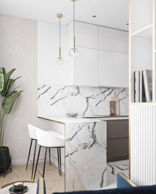 Светлый и стильный интерьер кухни - гостиной с приятным сочетанием оттенков. 03