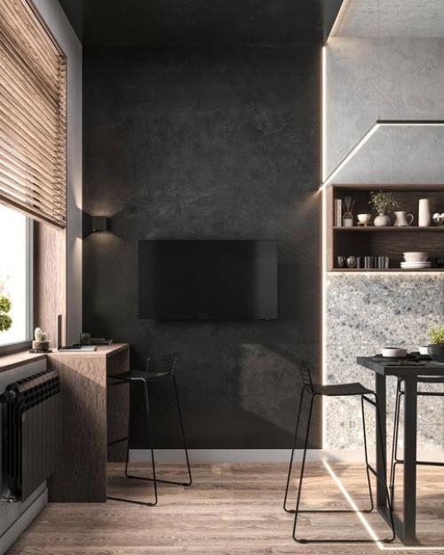 Стильный и строгий интерьер в тёмном исполнениии двухуровневых апартаментов 25 м. 04