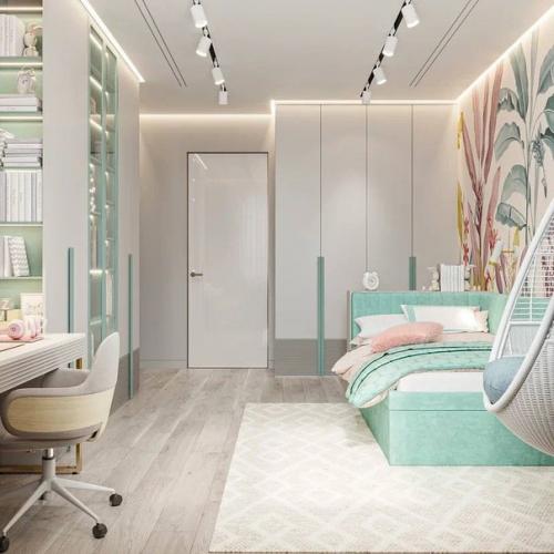 Школа ремонта.  Детская комната для ребёнка 7 лет в пастельных тонах с бирюзовыми акцентами. 02