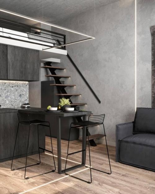 Стильный и строгий интерьер в тёмном исполнениии двухуровневых апартаментов 25 м. 01