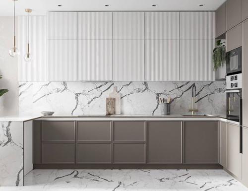 Светлый и стильный интерьер кухни - гостиной с приятным сочетанием оттенков. 02