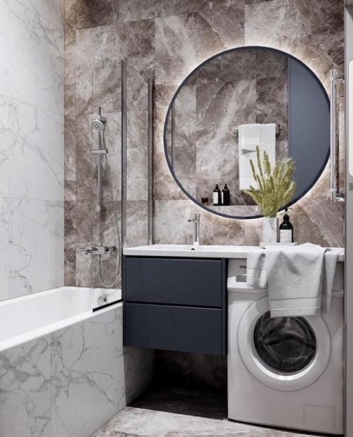 Светло-коричневый и белый мрамор в интерьере ванной комнаты. 01