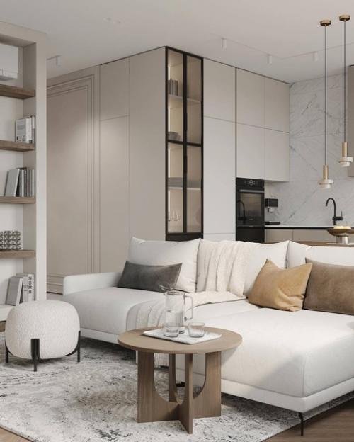 В данном проекте объединили кухню с гостиной, продумали спальную комнату и место для будущей детской комнаты. 05