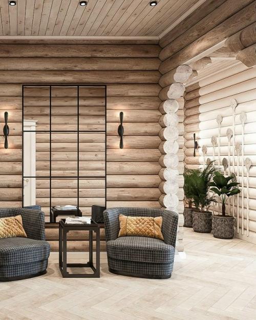 Удивительно гармоничное пространство, где современный интерьер мягко переплетается с природной фактурой бревенчатых стен. 03