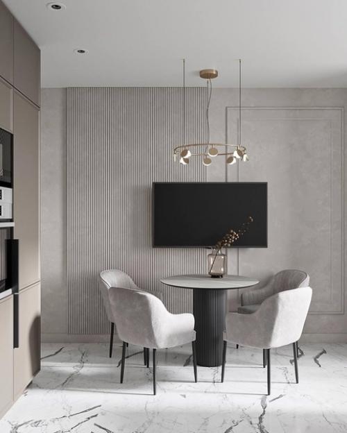 Светлый и стильный интерьер кухни - гостиной с приятным сочетанием оттенков. 01