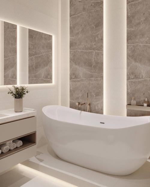 Светлый и стильный интерьер санузла с отдельно стоящей ванной. 01